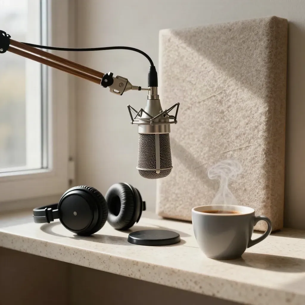 Microfono da studio, cuffie e tazza di espresso su una mensola in travertino, luce mattutina.