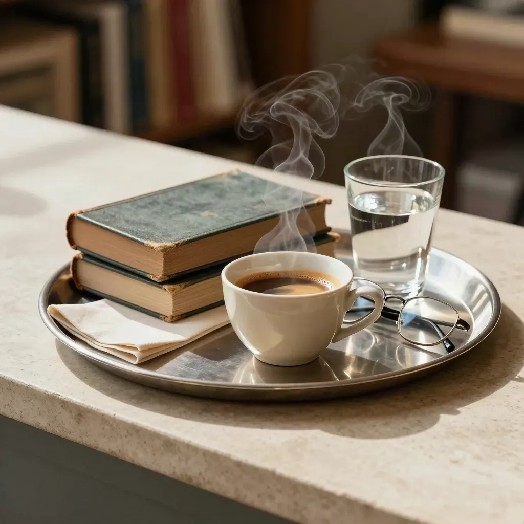 Tazza di caffè, libri e bicchieri su un davanzale di pietra in un bar luminoso