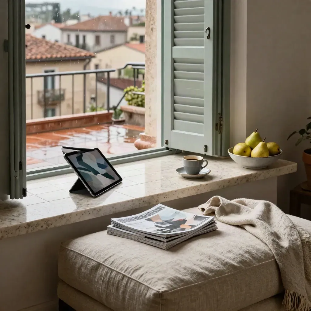 Angolo lettura italiano con tablet, riviste e tazzina su terrazza baciata dal sole