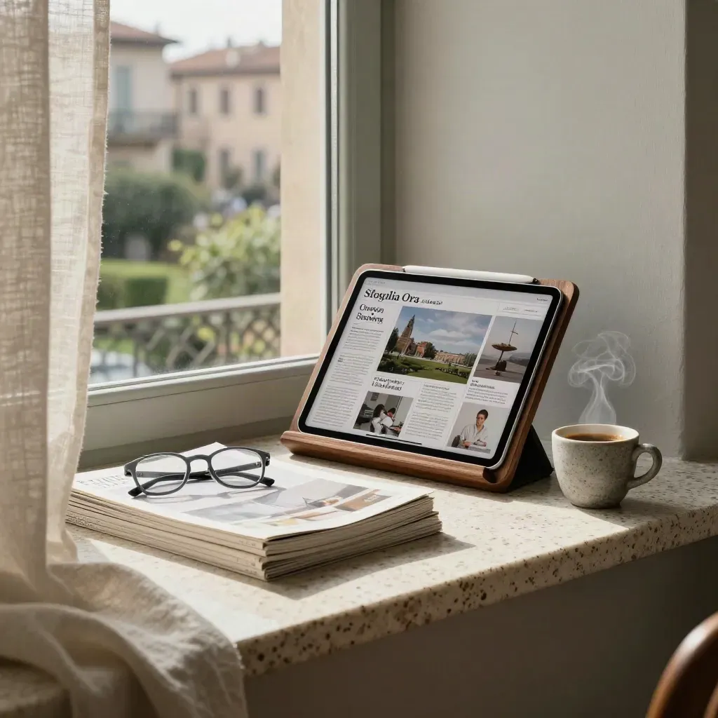 Tablet con riviste e tazzina su davanzale in travertino, luce mattutina calda.