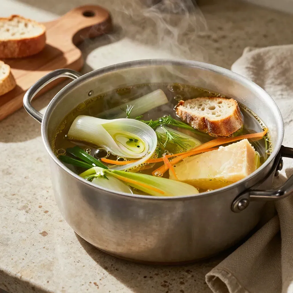 Brodo di scarti vegetali in pentolino, con pane rustico ed erbe, luce calda di cucina.