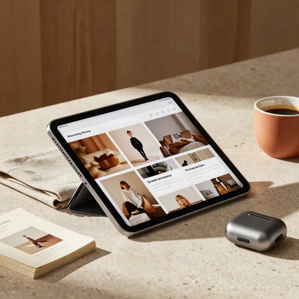 Tablet editoriale su travertino con card sfocate, lino caldo e tazza in terracotta.