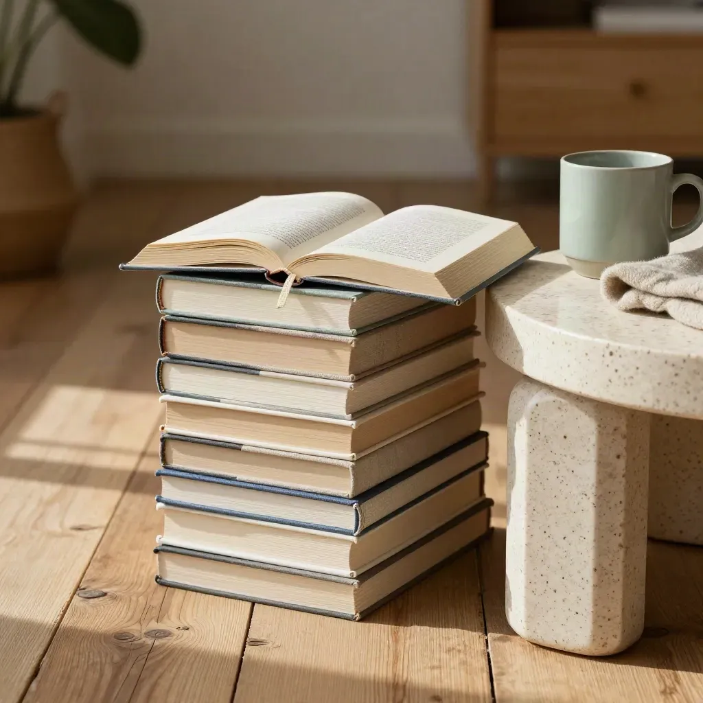 Libri eleganti e tazza su tavolino in travertino, in una stanza luminosa e calda