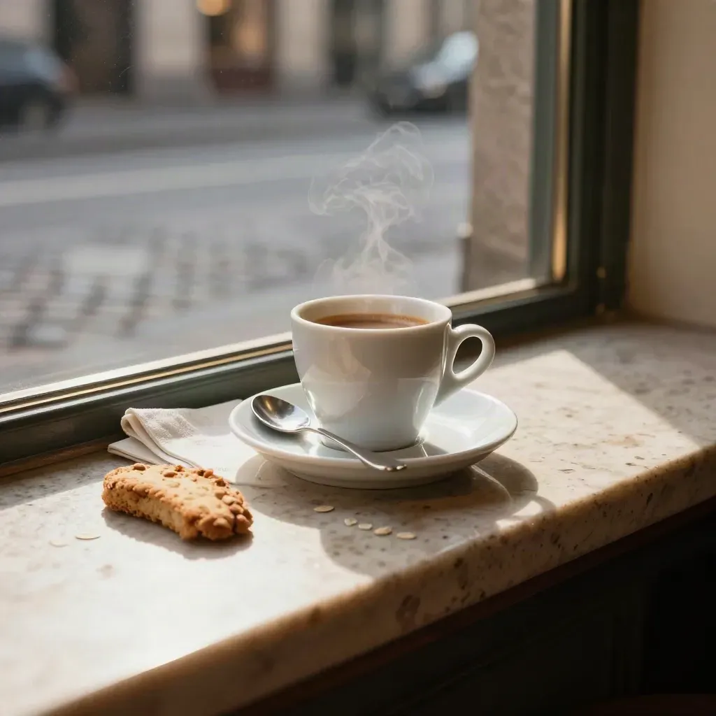 Tazzina di espresso su travertino con strada milanese sfocata e luce mattutina