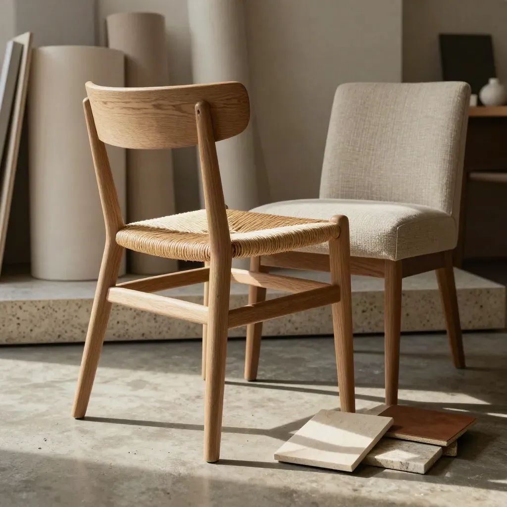 Tre sedie di materiali diversi in uno showroom luminoso, su pavimento in cemento caldo.
