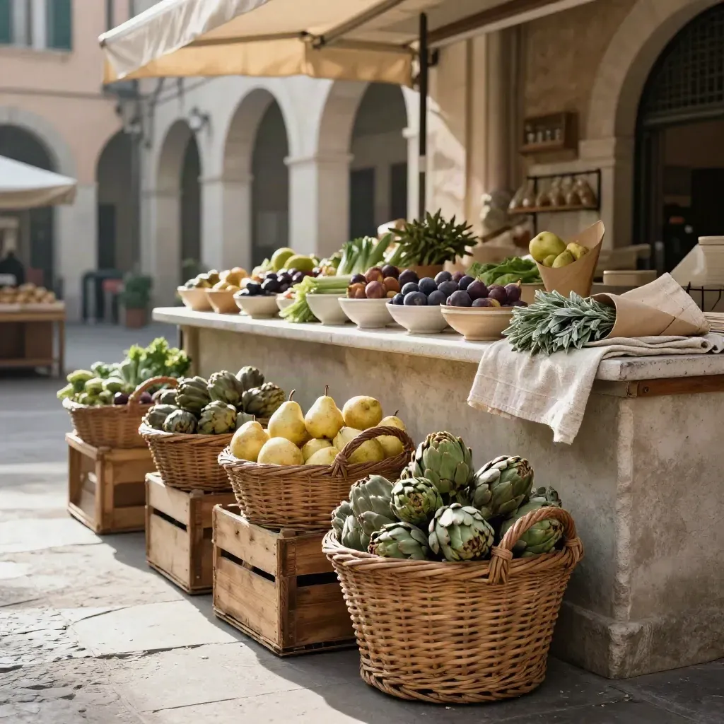 Bancarella di mercato con cassette di frutta, erbe e ceste in una luce calda mattutina.