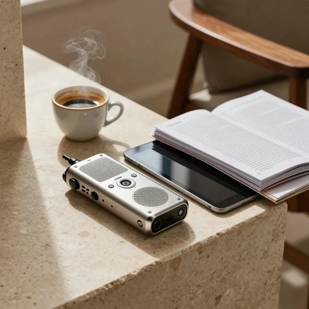 Recorder, tablet e tazza di caffè su travertino in una luce calda da finestra.