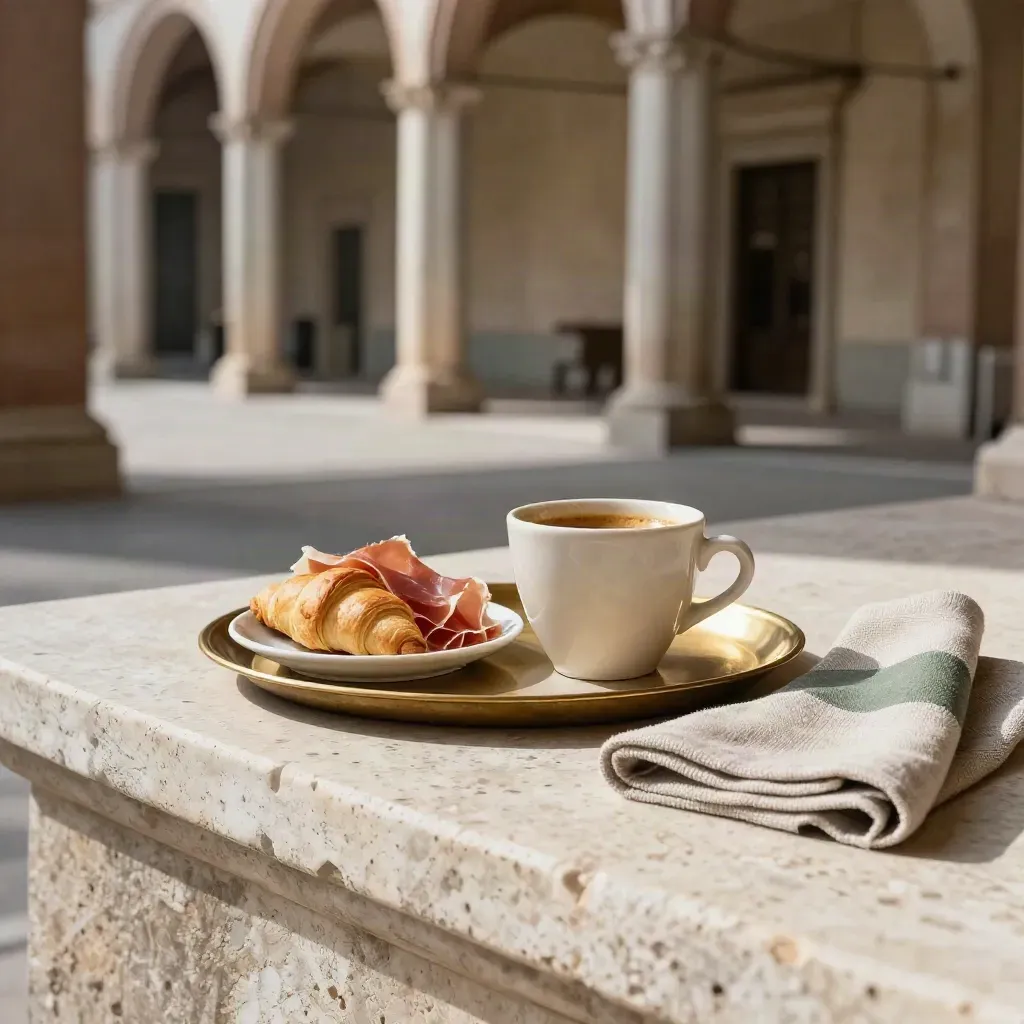 Colazione emiliana su ledge in travertino con piazza storica sullo sfondo.
