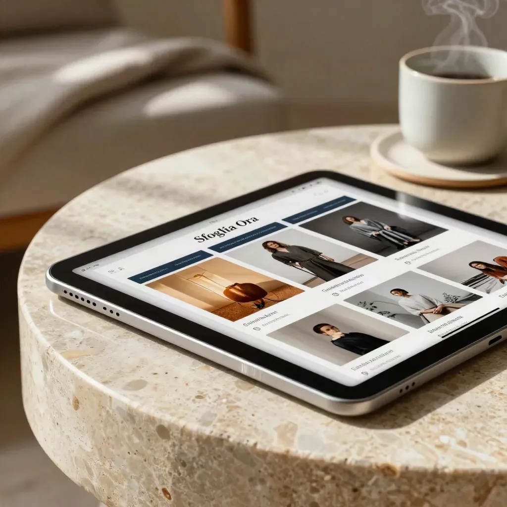 Primo piano di un tablet con card editoriali su tavolino in travertino e tazzina in ceramica.
