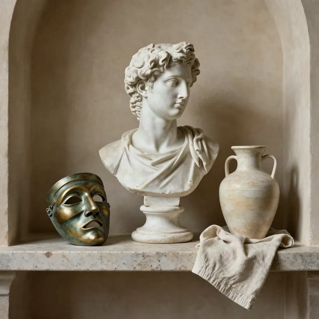 Natura morta su mensola in travertino con busto classico, maschera teatrale e lino